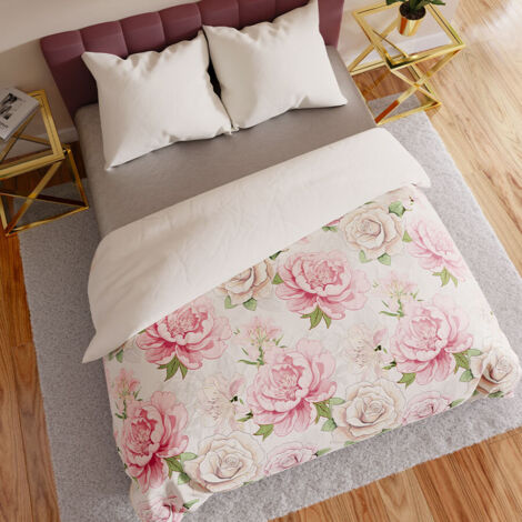 Parure de lit PATTI 220x200 cm - satin de coton, blanc, motif floral