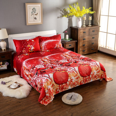Parure de lit Père Noël en polyester imprimé 3D - Housse de couette + 2 taies d'oreiller + drap de lit - Décorations de chambre à coucher de Noël - Taille double
