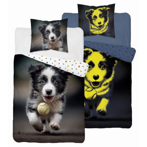 Parure de lit phosphorescente 140x200 Bordure Cola Chien avec une balle