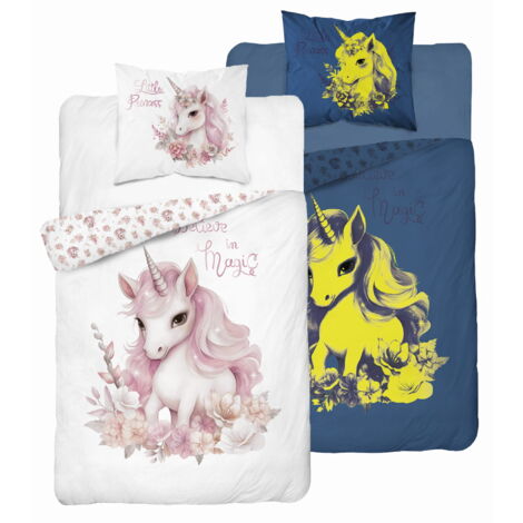Parure de lit phosphorescente 140x200 Licorne en fleurs Licorne