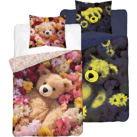 Parure de lit phosphorescente 140x200 Ours en peluche en fleurs
