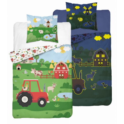 Parure de lit phosphorescente 160x200 Tracteur agricole rouge