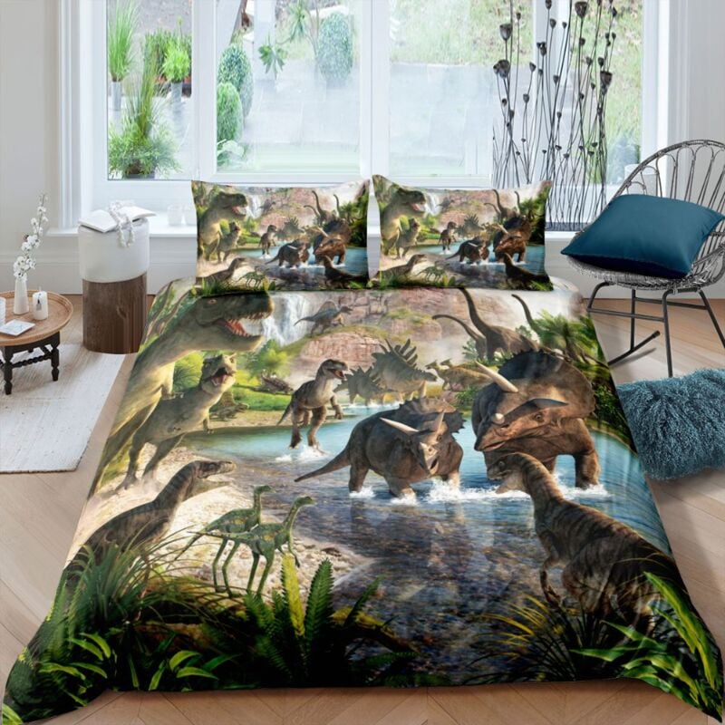 Parure de lit pour enfant 135x200cm 3 pieces dinosaures en 3D 1 housse de couette avec 2 taies d'oreillers 6363cm