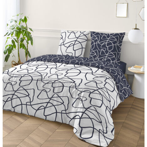Parure de lit réversible 260x240cm – 100% coton – Imprimé abstrait bleu marine et blanc – Lavable en machine à 60° – Certifié Oeko-Tex® – Future Home