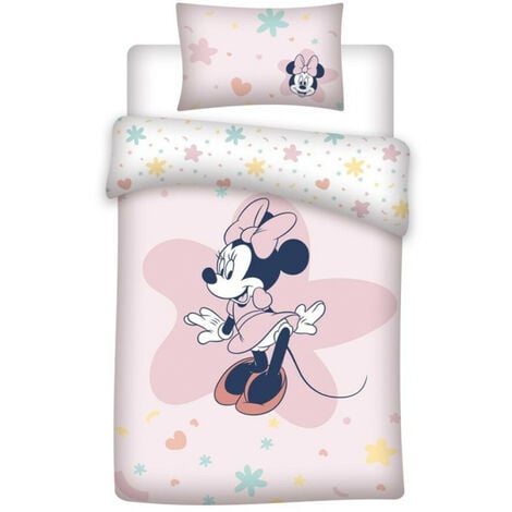 Déco Disney - Parure de Lit Bébé Coton Réversible Minnie Mouse - Housse de Couette 100x140 Taie 40x60 cm