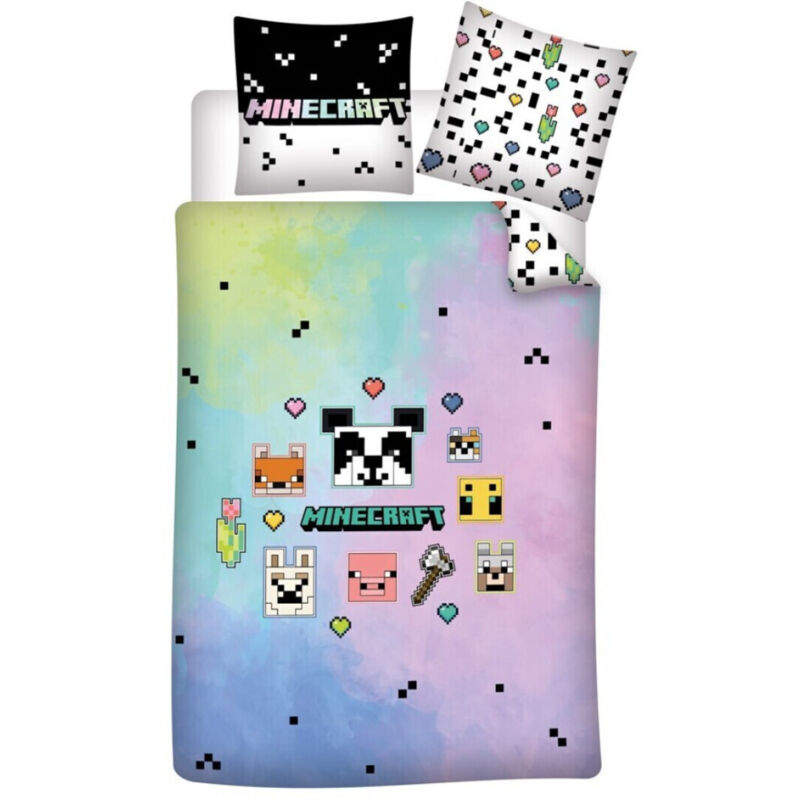 Aymax - Parure de lit réversible Minecraft - Bleu et Rose - 140 cm x 200 cm