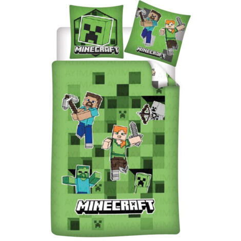 Parure de lit réversible Minecraft Vert 140x200 cm – 100% polycoton – Lavable en machine – 2 modèles en 1 – Aymax