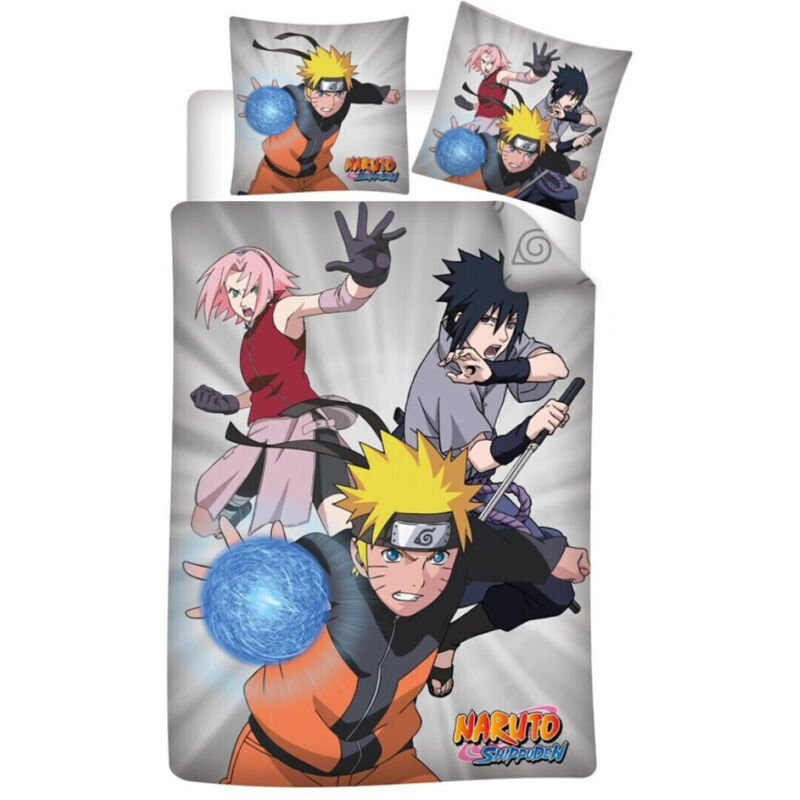 Parure de lit réversible Naruto - Naruto, Sasuke et Sakura - Gris - 140 cm x 200 cm