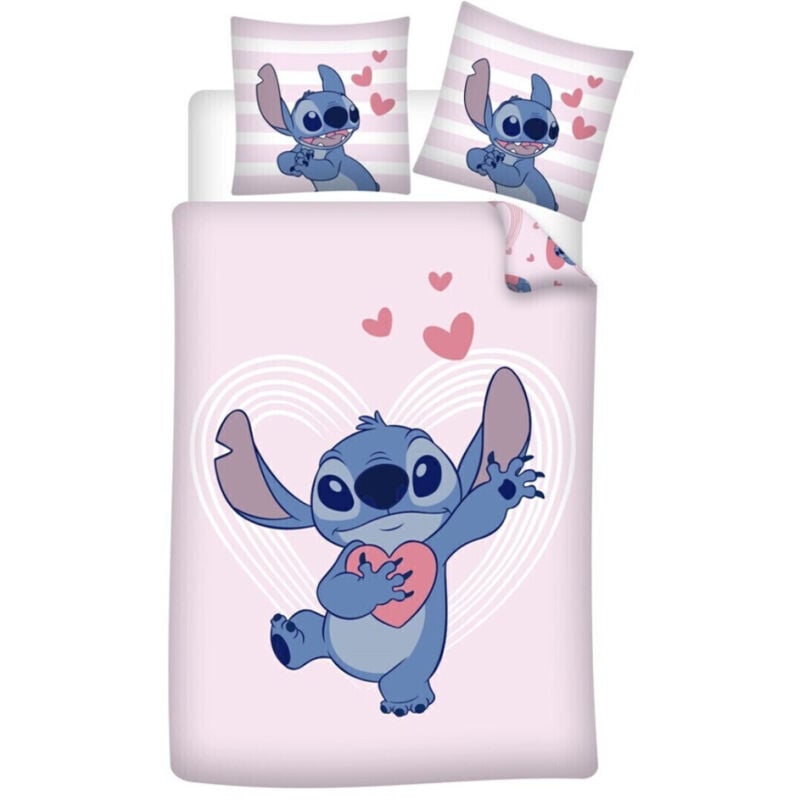 Parure de lit réversible Stitch - Main sur le Cœur - Rose et Blanc - 140 cm x 200 cm