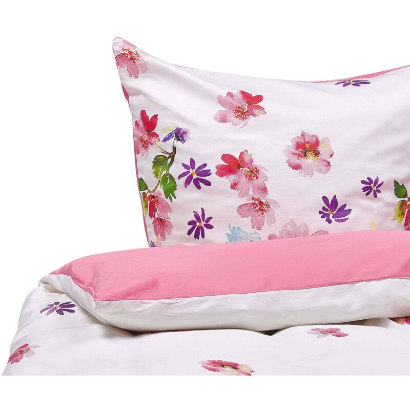 Ensemble Housse de Couette et Taie d Oreiller Fille Motif Floral en Coton Rose 135 x 200 cm Pour Chambre d'Adulte Beliani
