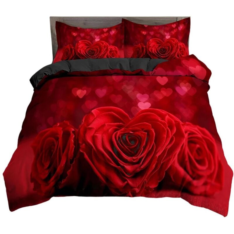 Ideko - Parure de lit roses rouges 220x240cm 2 personnes 3D effet 3 pieces 1 housse de couette avec 2 taies d'oreillers 63x63cm