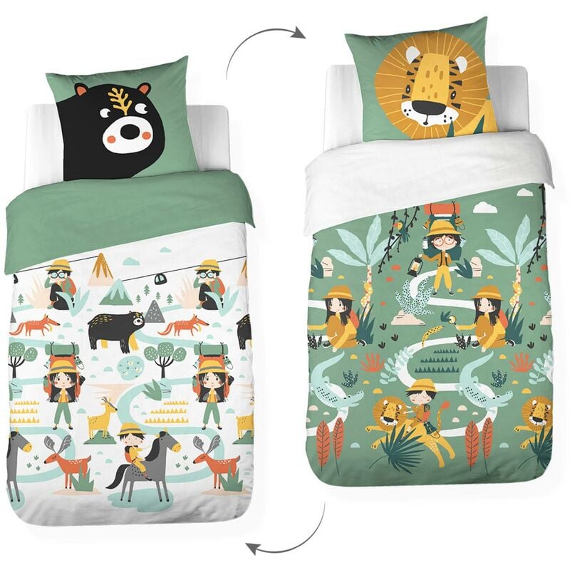 Parure de lit réversible imprimé Montage et savane en coton adouci. Gaston. 1 housse de couette. 1 taie d'oreiller 140x220cm