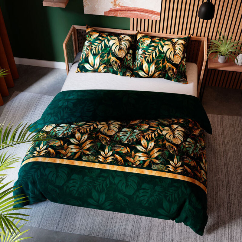 Parure de lit SELVA Vert 220x200 cm - Satin de coton, Motif tropical