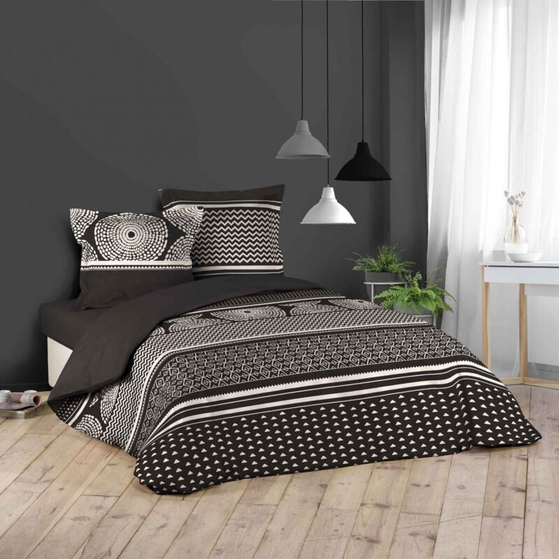 Housse de couette 240x260 cm + taies - Formes graphiques Noir et Beige