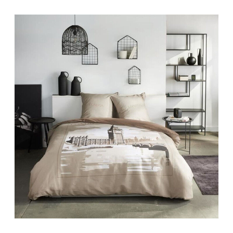 Parure de lit - TODAY - JAVA - 2 personnes - 240x220 cm - Coton - Imprimé London - Beige