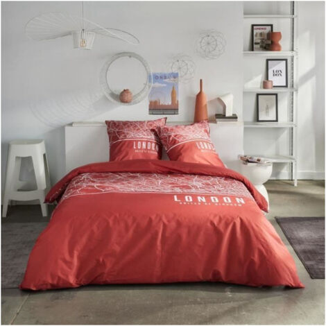 Parure de lit - TODAY - JAVA - 2 personnes - 240x220 cm - Coton - Imprimé London - Rouge