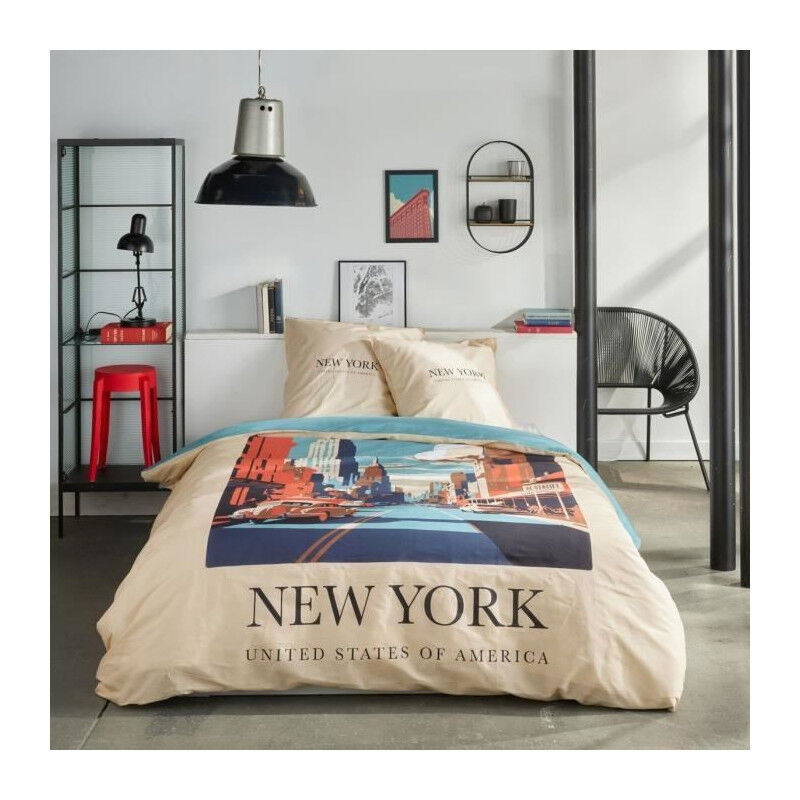 Parure de lit Today java - 2 personnes - 240x220 cm - Coton - Imprimé New York - Beige