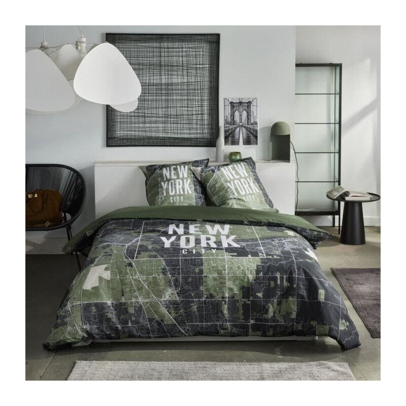 Parure de lit Today java - 2 personnes - 240x220 cm - Coton - Imprimé New York - Vert