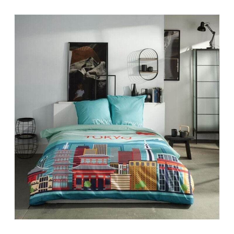 Parure de lit Today java - 2 personnes - 240x220 cm - Coton - Imprimé Tokyo - Bleu