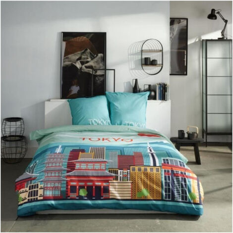 Parure de lit - TODAY - JAVA - 2 personnes - 240x220 cm - Coton - Imprimé Tokyo - Bleu