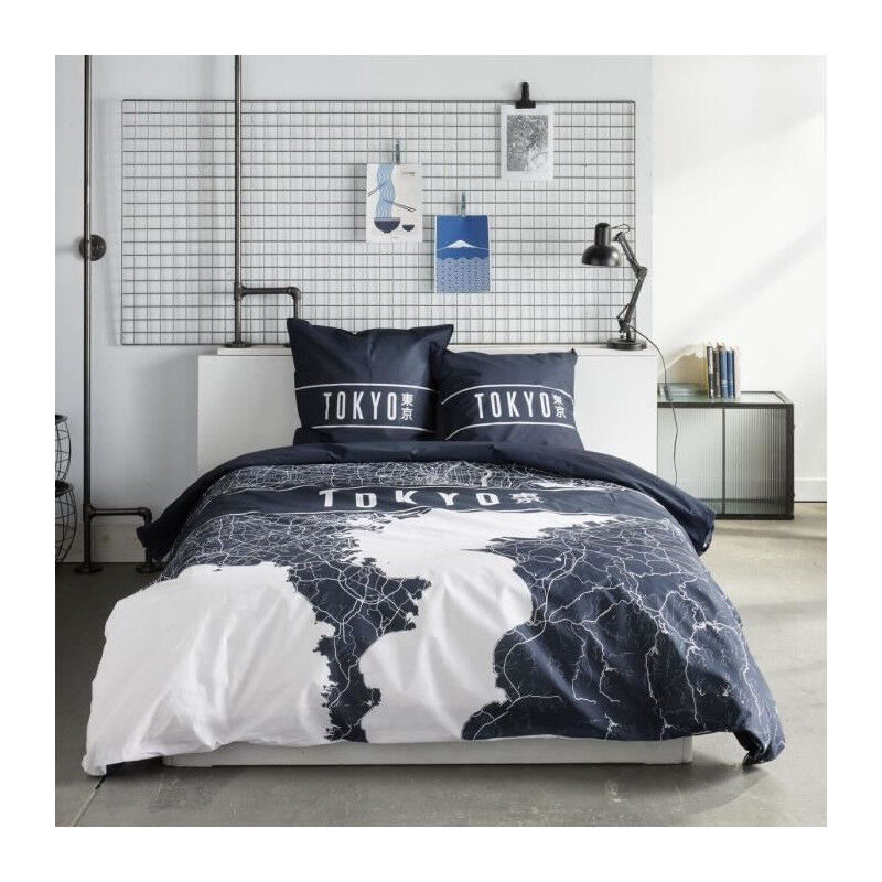 Parure de lit Today java - 2 personnes - 240x220 cm - Coton - Imprimé Tokyo - Bleu foncé