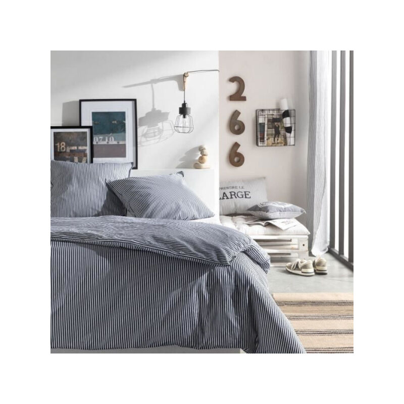 Today - Parure de lit Kargo - 220x240 cm - 2 personnes - coton imprimé rayé Navy