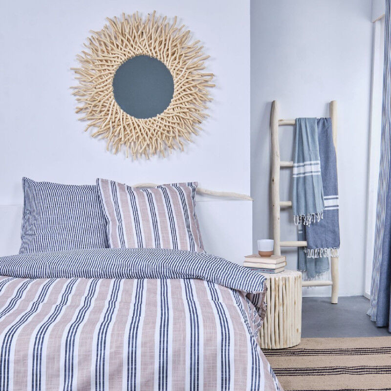 Parure de lit double réversible 'Kargo' en coton imprimé de rayures - Bleu denim - 220 x 240 cm - Livraison gratuite
