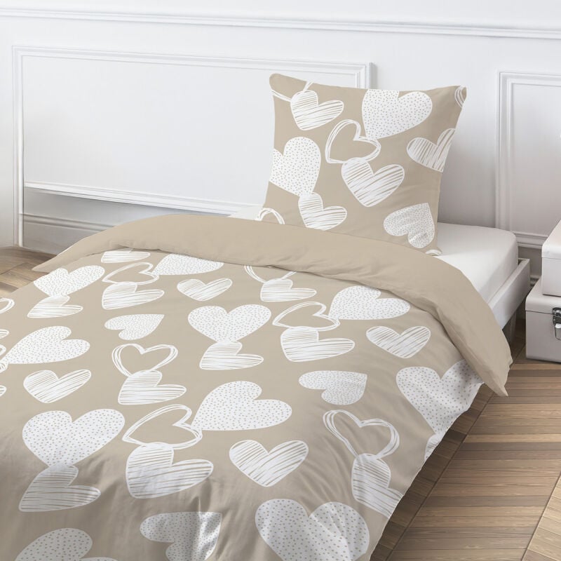 Parure de lit en coton motif cœurs 140x200cm +2 Taies d'oreiller 63x63 cm avec Fermeture Boutons