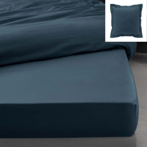 Parure Drap Housse Hôtel 140 x 190 cm + 2 Taies 63 x 63 cm Percale 78 Fils Bleu Nuit