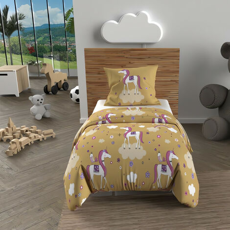 Parure housse de couette 120x150 cm LICORNES jaune, 100% coton 57 fils/cm2, par Soleil d'Ocre