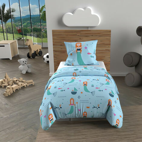 Parure housse de couette 120x150 cm SIRENES bleu, 100% coton 57 fils/cm2, par Soleil d'Ocre