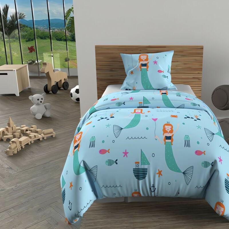 Parure housse de couette 140x200 cm sirenes bleu, 100% coton 57 fils/cm2, par Soleil d'Ocre