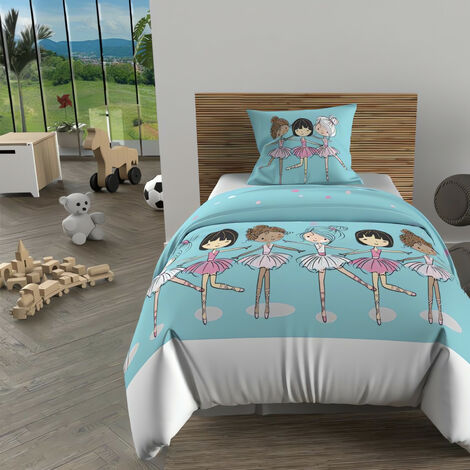 Parure housse de couette 140x200 cm DANSEUSES bleu, 100% coton 57 fils/cm2,