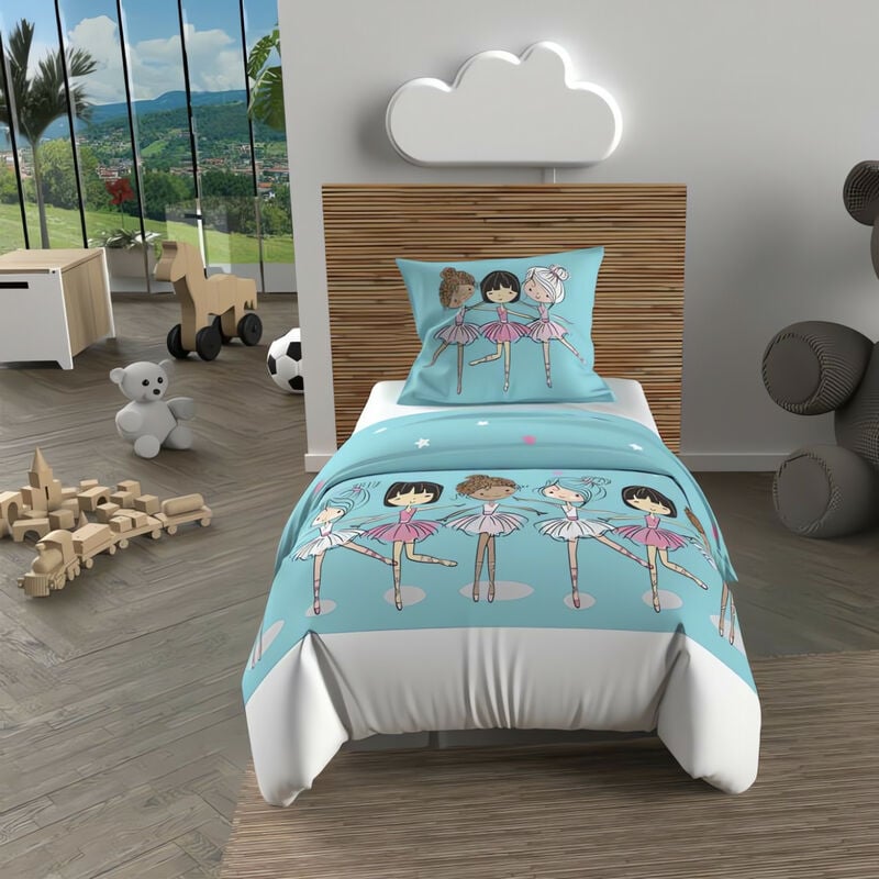 Parure housse de couette 120X150 cm danseuses bleu, 100% coton 57 fils/cm2, par Soleil d'Ocre