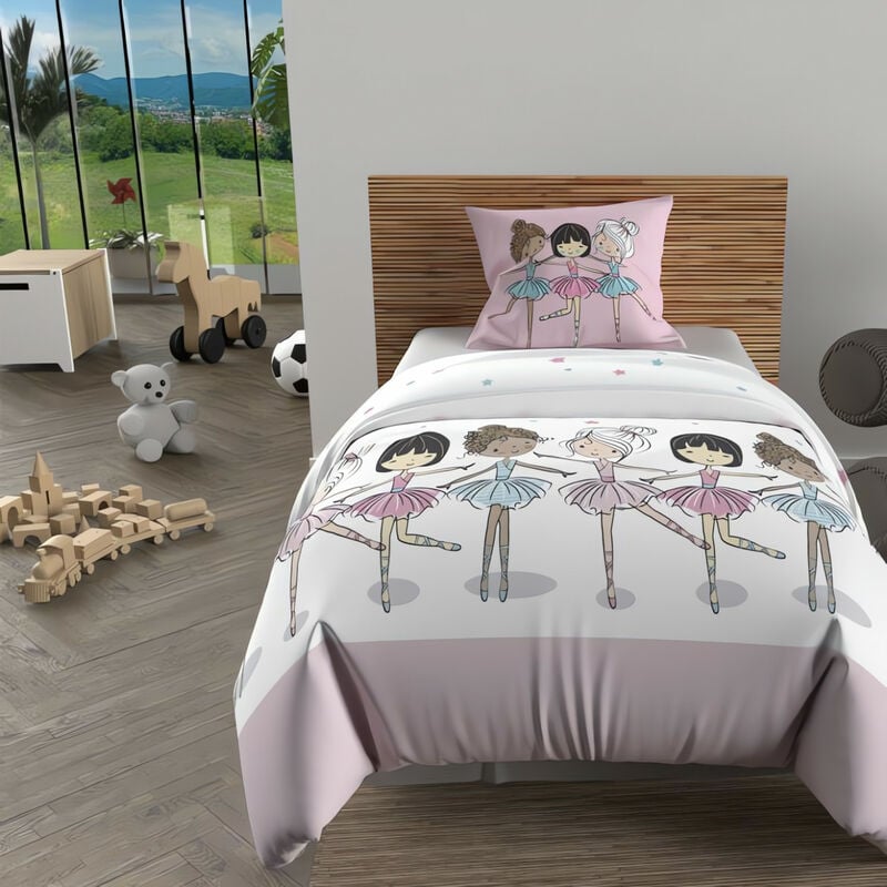Soleil D Ocre - Parure housse de couette 140x200 cm danseuses rose, 100% coton 57 fils/cm2, par Soleil d'Ocre