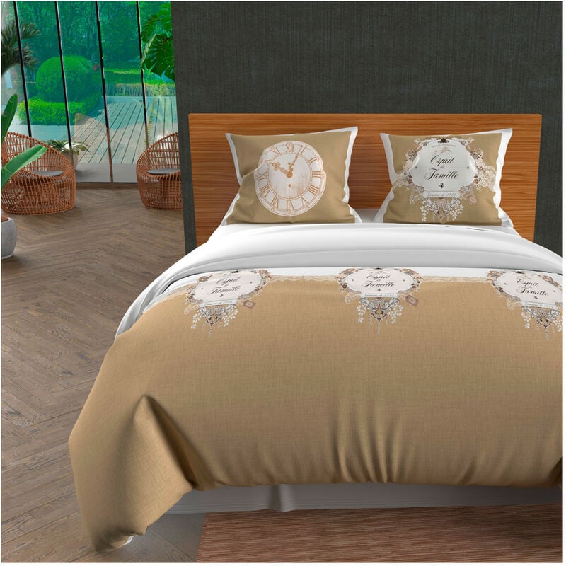 Parure housse de couette 260x240 cm en coton 57 Fils esprit de famille taupe, par Soleil d'ocre