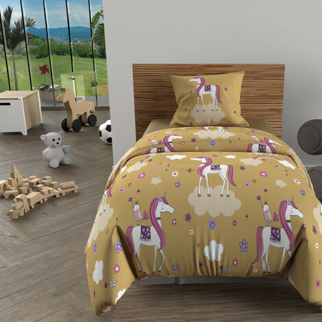 Parure housse de couette 140x200 cm LICORNES jaune, 100% coton 57 fils/cm2, par Soleil d'Ocre