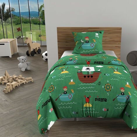 Parure housse de couette 140x200 cm PIRATES vert, 100% coton 57 fils/cm2, par Soleil d'Ocre