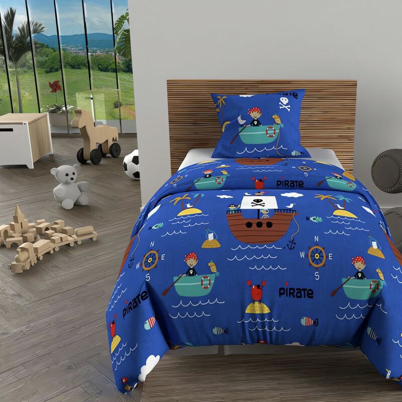 Soleil D Ocre - Parure housse de couette 140x200 cm pirates bleu, 100% coton 57 fils/cm2, par Soleil d'Ocre