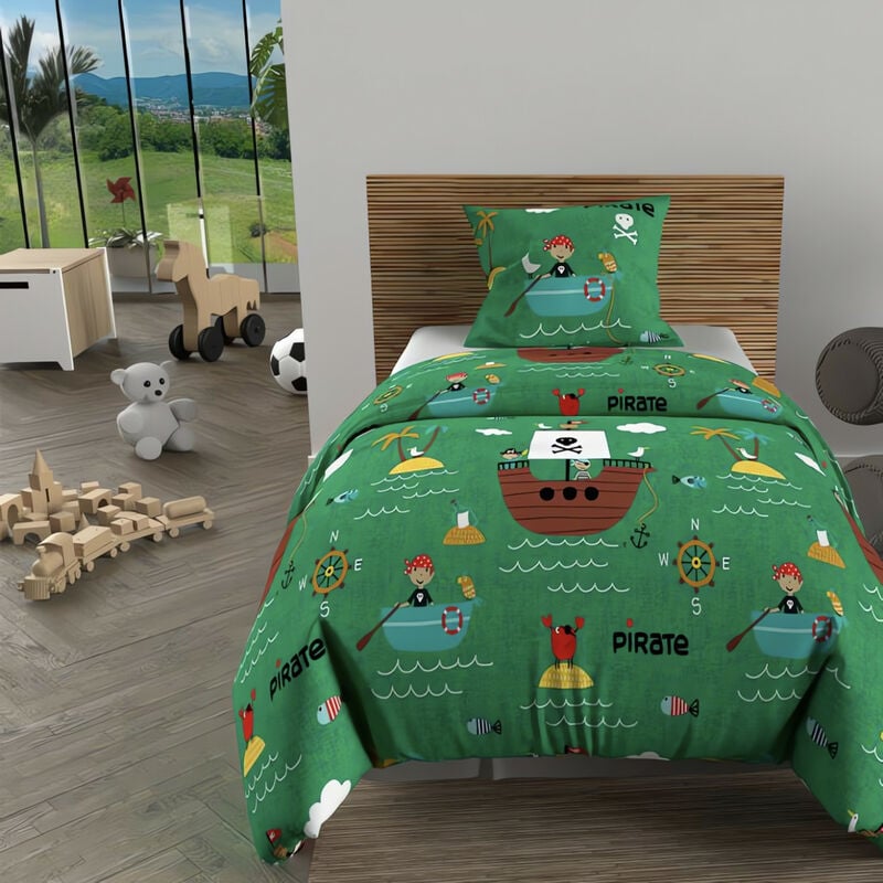 Parure housse de couette 140x200 cm PIRATES vert, 100% coton 57 fils/cm2, par Soleil d'Ocre