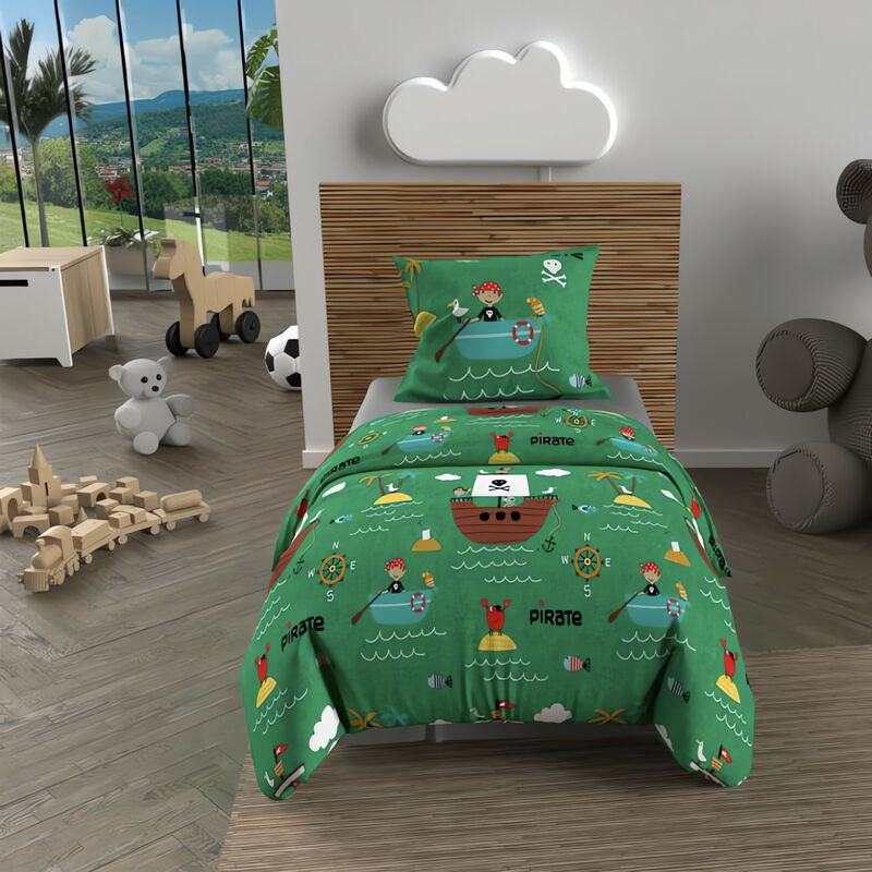 Parure housse de couette 120x150 cm pirates vert, 100% coton 57 fils/cm2, par Soleil d'Ocre