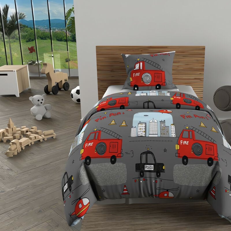 Parure housse de couette 140x200 cm pompiers gris, 100% coton 57 fils/cm2, par Soleil d'Ocre
