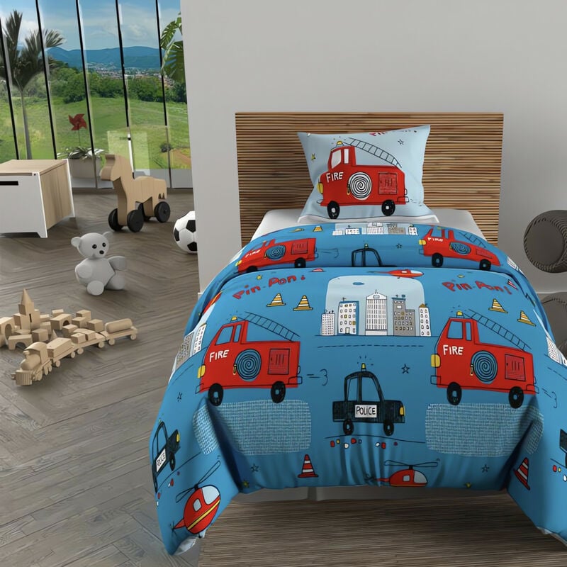 Parure housse de couette 140x200 cm pompiers bleu, 100% coton 57 fils/cm2, par Soleil d'Ocre