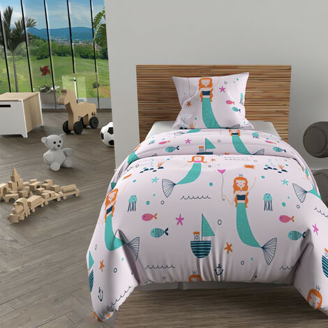 Parure housse de couette 140x200 cm SIRENES rose, 100% coton 57 fils/cm2, par Soleil d'Ocre