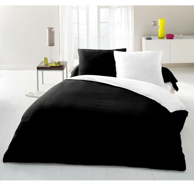 lovely home - parure housse de couette 2 personnes - 220x240 cm - 100% coton - bicolore noir et blanc