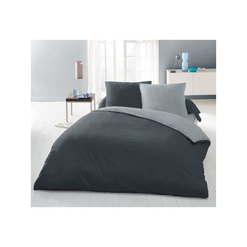 Lovely Home - Parure housse de couette 2 personnes - 240x260 cm - 100% Coton - Bicolore Gris clair et foncé