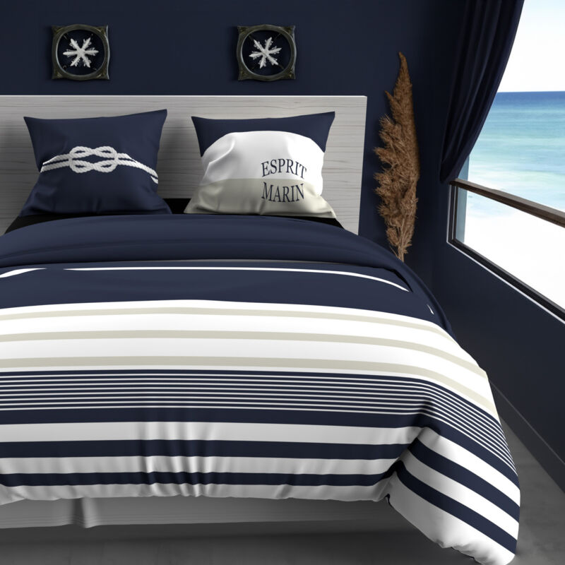 Parure housse de couette 240x220 cm en coton 57 Fils marin bleu, par Soleil d'ocre
