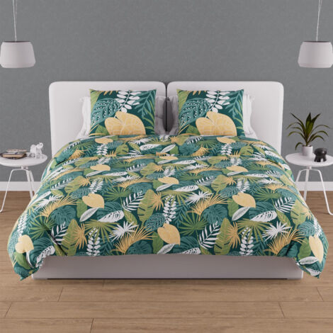 Parure housse de couette en coton 57 fils 240x220 cm TANZANIE vert, par Soleil d'ocre