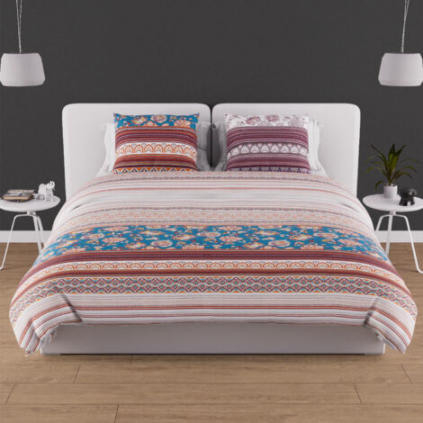 Parure housse de couette en coton 57 fils/cm2 240x220 cm JAIPUR bleu, par Soleil d'Ocre