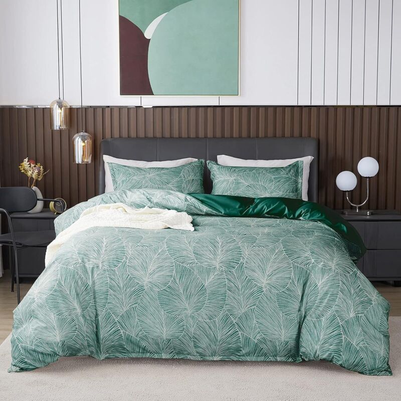 Parure Housse de Couette Feuilles Tropicales, 1 x Housse de Couette 200x200 cm 2 Personnes et 2 x Taies d'oreiller 51x66 cm, Linge de Lit avec